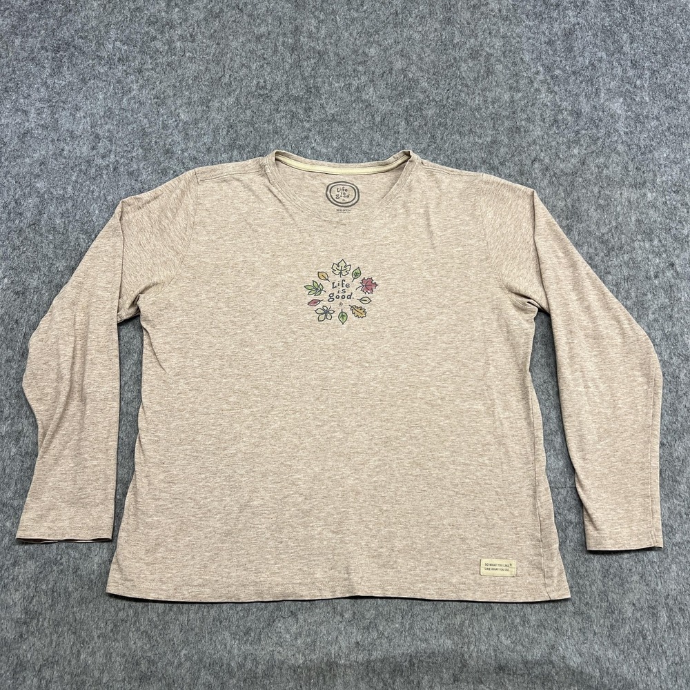 Life Is Good Shirt Womens L Beige Long Sleeve Graphic Tee Top Autumn Leaves